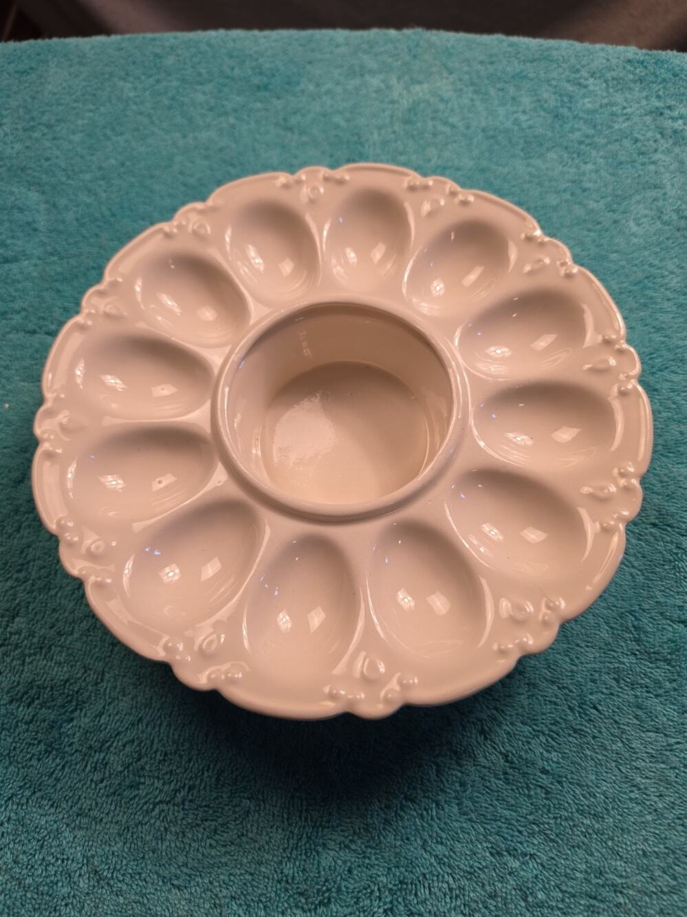 Vintage 1970 Signed Ceramic Deviled Egg Platter Relish Tray White Glaze 12 Slot